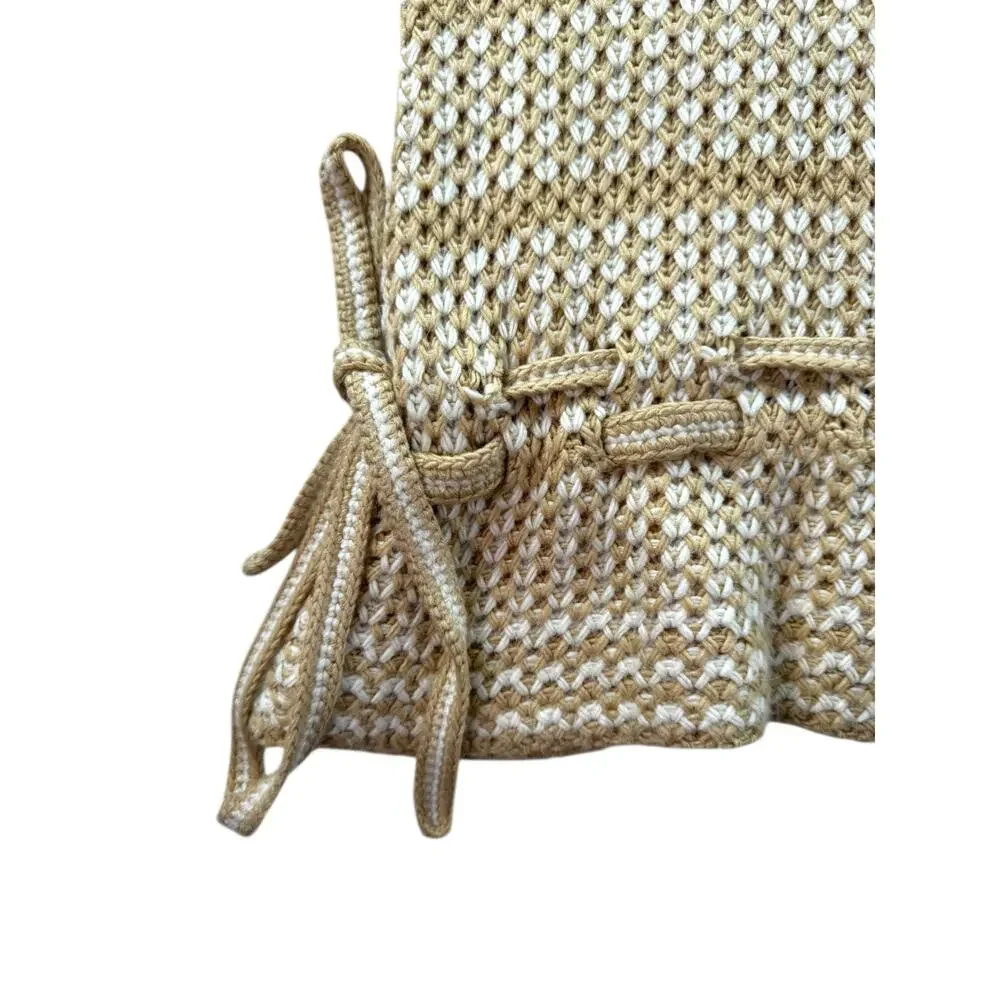 Anna Cate Alexa Sweater Size S Tan White Chunky Knit Tie Waist Puff Sleeve